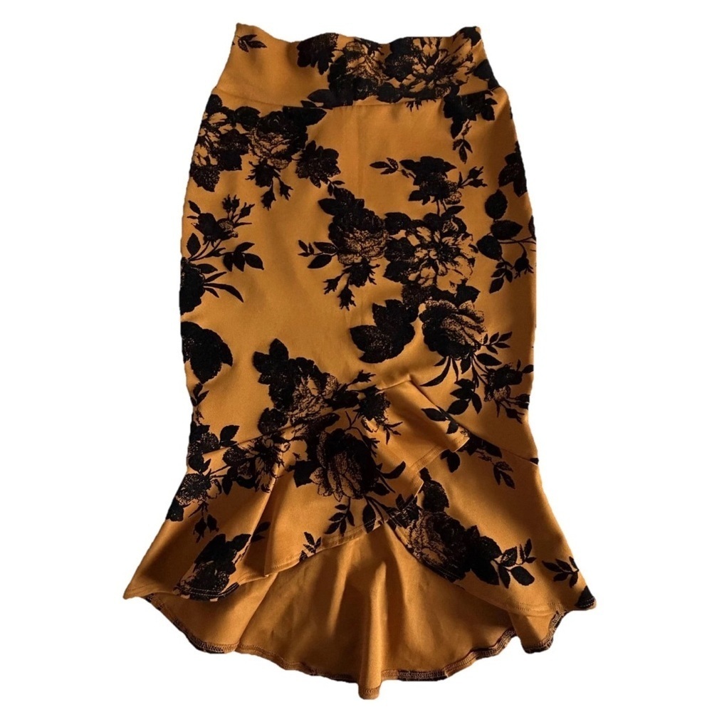 Trumpet Skirt Womens M Floral Ruffle Stretch Midi Velvet Mermaid Whimsigoth